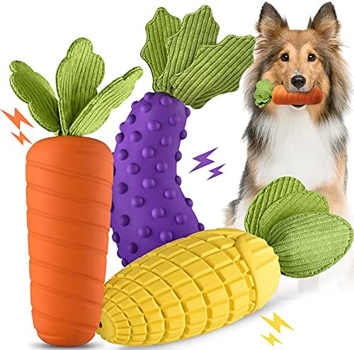 Squeaky Dog Toys for Aggressive Chewer Large Medium Small Breed Dog, Tough Durable Dog Chew Toys with Non-Toxic Natural Rubber for Teething (Corn-Eggplant-Radish)