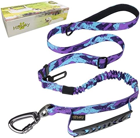Tactical Dog Leash, Heavy Duty Dog Leash for Medium Large Dogs, 4Ft 6 Ft Shock Absorbing Retractable Strong Dog Leash, Padded Double Handle Military Dog Leashes with Car Seatbelt for Training, Purple