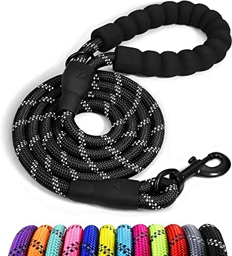 Taglory Rope Dog Leash 6 FT with Comfortable Padded Handle, Highly Reflective Threads Dog Leash for Large Dogs, 1/2 inch, Black