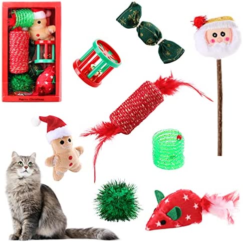 VavoPaw Christmas Stocking Cat Toys, 8PCS X-mas Santa Interactive Cat Toys with Santa Claus, Gingerbread Man, Cat Teaser Wand, Plush Rat Ball for Cat Kitten Kitty