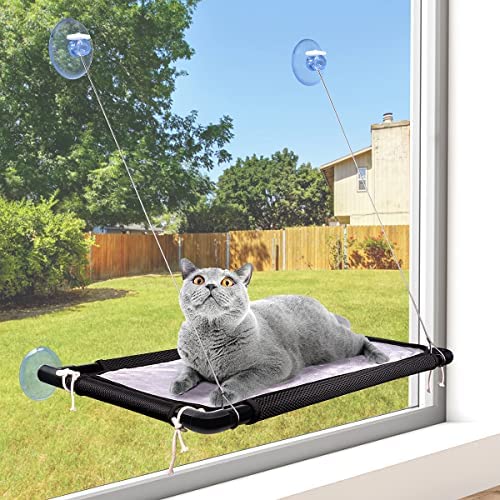Yicostar Cat Window Perch, Cat Window Hammock with 4 Strong Suction Cups, Space Saving Window Mounted Cat Bed for Large Indoor Cats Sunbathing & Napping