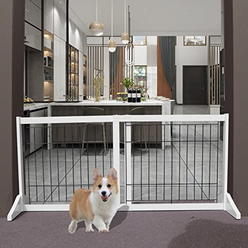 ZJSF Freestanding Doorway Dog Gate for The House, Adjustable Wooden White Expandable Pet Gate, Indoor Safety Gate Extra Wide Dog Fence for Stairs Fit Baby Gate