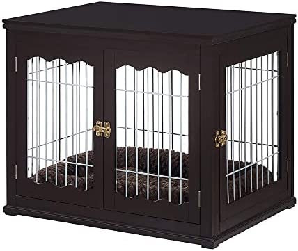 unipaws Furniture Style Dog Crate End Table with Cushion, Wooden Wire Pet Kennels with Double Doors, Medium Dog House Indoor Use