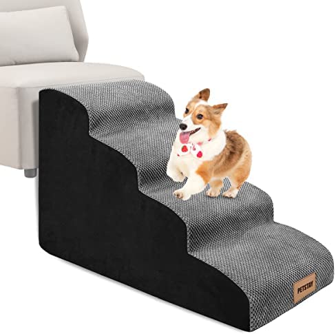 PETSTAY Dog Stairs Pet Steps 4 Tiers,High Density Foam Dog Ramps Soft Non-Slip Pet Steps,Older Dogs Cats Joint Pain Pets Stairs Ladder for Couch Sofa Bed,w/ Removable and Washable Cover,Gray