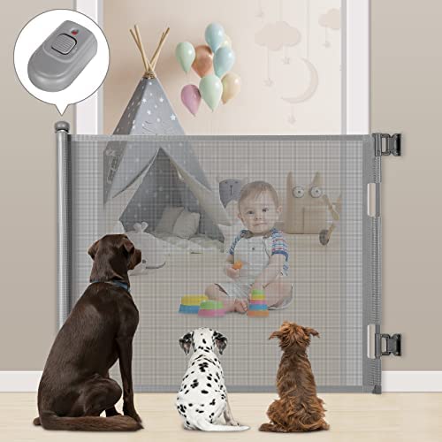 Retractable Baby Gate, Extra Wide Safety Kids or Pets Gate, 33” Tall, Extends to 55” Wide, Mesh Safety Dog Gate for Stairs, Indoor, Outdoor, Doorways, Hallways, Easy to Wipe(Grey)