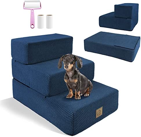 3 Tiers Dog Stairs and Steps,Foam Folding Pet Stairs for Medium Small Dogs Cats,Soft Foam Dog Stairs for Easy Acess Climbing High Bed Couch and Rest,Nonslip Bottom and Washable Fabric Cover