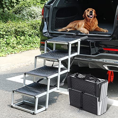 AXIBA Extra Wide Dog Stairs for Large Dogs, Portable Dog Car Ramp 4 Steps Black, Foldable Lightweight Dog Steps Pet Ladder with Nonslip Paw Print Surface for SUV High Beds Support up 150 Lbs