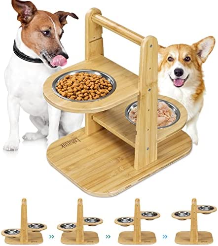 Adjustable Raised Dog Bowls with Non-Skid Feet,Bamboo Elevated Feeder Stand with 2 Stainless Steel Bowls, 5 Level Pet Dining Table Comfort Feeding Station, Perfect for Large Medium and Small Pets
