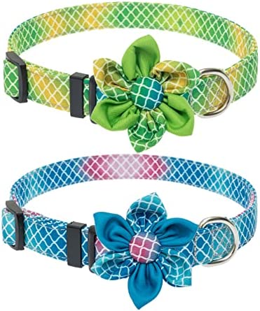 BINGPET Dog Collar with Flower - 2 Pack Adjustable Dog Collars with Detachable Flower Decorations, Cute Dog Collar for Medium and Large Dogs, Plaid Large Dog Collar for Summer
