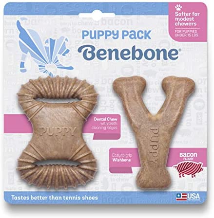 Benebone Puppy 2-Pack Dental Chew/Wishbone Dog Chew Toys, Made in USA, Real Bacon Flavor
