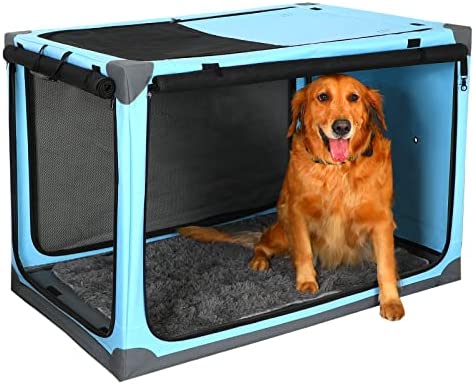 Collapsible Dog Crate 42 inch, Portable Dog Travel Crate, Qpinkpet Soft Foldable Dog Crate Kennel for Car, 4 Door Soft Sided Dog Crate for Medium Large Dogs with Strong Steel Frame, Indoor Outdoor