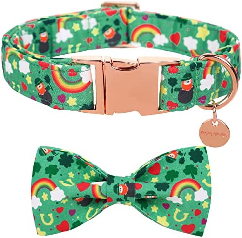 DOGWONG St. Patrick's Day Dog Collar with Bow tie, Green Lucky Clover Shamrock Dog Collar Soft Durable Adjustable Costume Bright Lucky Charm Puppy Collar for Small Medium Large Dog Gift