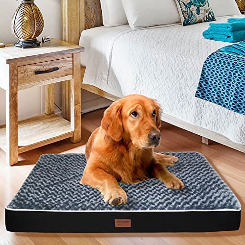 Dog Bed Mats for Large Big Dog - Orthopedic Dog Pet Durable Crate Bed Mattress of Thick Egg Foam Crate, Rose Plush Washable Cover, Waterproof Lining and Non-Slip Bottom (L(36''x27''x3''), Black Side)
