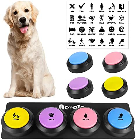 Dog Buttons for Communication, 4 Dog Talking Button Set, Speaking Buttons for Cats and Dogs, 30s Voice Recordable Pet Training Buzzer with Waterproof Dog Activity Mat and 24 Scene Stickers