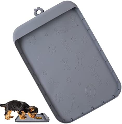 Dog Cat Pet Feeding Mat, Silicone Dog Bowl Mat with Pocket, 18”x12”, Pet Food Mats Waterproof with Edges Anti-bite Dog Feeding Mats for Floors, Non Slip Dog Cat Food Mat for Collect Residue and Water