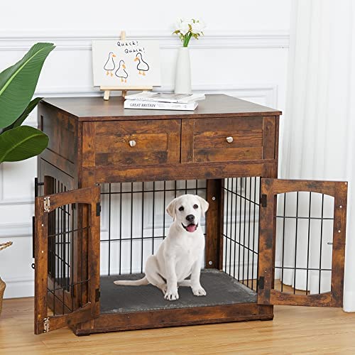 Dog Crate Furniture with 3 Doors,31.5" Large Dog Crate with 2 Drawer & Cushion,Wooden Dog House Kennel for Medium/Large Dog,Dog Crate Table Up to 70 lbs,Indoor End Table Dog House