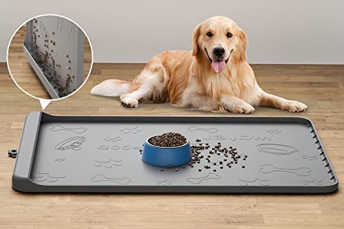 Dog Food Mat - Silicone Dog Mat for Food and Water - 36" x 24" Large Pet Feeding Mats with Residue Collection Pocket - Waterproof Dog Cat Bowl Mat with High Edges to Prevent Water Food Spills (Gray)