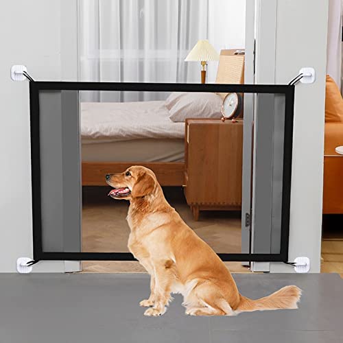 Dog Gates for House Portable Folding Pet Gates Magic Indoor Mesh Doggy Door for Stairs and Doorways 29.52'' X 43.3'', 4 Sticky Hooks, 2 Stainless Steel Poles
