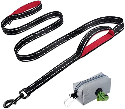 Dog Leash with Poop Bag Holder, 6 ft Heavy Duty Double Handle Dog Leash, Reflective Nylon Training Lead with Padded Traffic Handle for Medium to Large Dogs, Black/Red
