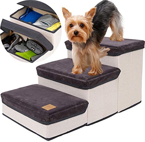 Dog Stairs Steps for Small Dogs, Pet Stairs for High Beds Couch Sofa, Foldable Dog Stairs with 3 Storage Boxes - Pet Steps for Small Medium Dogs Cats Under 30 Pounds
