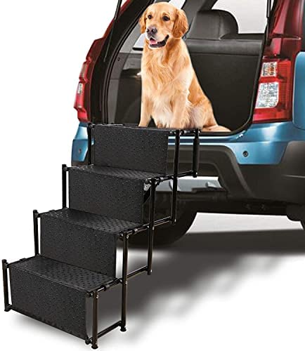 Domaker Pet Dog Car Step Stairs 30 Inches High, Sturdy Metal Fram Folding Large Dog Cat Pet Ramp for Car SUV Jeep Truck, Lightweight Portable with Shoulder Strap,Black, 4 Steps