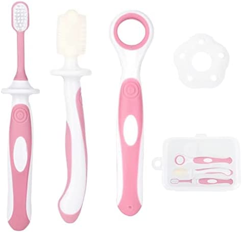 EASYMOTIVE 4 Piece Dog Toothbrush Kit, Pets Double-Sided Toothbrush,Small Doggie Toothbrush,Throat Toothbrush Baffle and Pets Tongue Scraper,Toothbrush for Dogs (Pink)