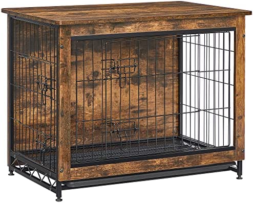FEANDREA Dog Crate Furniture, Side End Table, Modern Kennel for Dogs Indoor up to 45 lb, Heavy-Duty Dog Cage with Multi-Purpose Removable Tray, Double-Door Dog House, Rustic Brown UPFC002X01