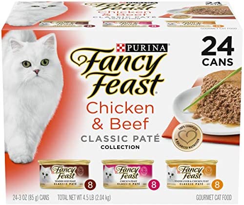 Fancy Feast Purina Pate Wet Cat Food Variety Pack, Classic Collection Chicken & Beef - 3 oz. Pull-Top Cans, 8 Count (Pack of 3)