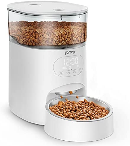 Faroro Automatic Cat Feeder with Timer and Portion Control 4L Pet Dry Food Dispenser with Stainless Steel Bowl, Desiccant Bag and Voice Recording Up to 6 Meals per Day for Multiple Cats and Small Dogs