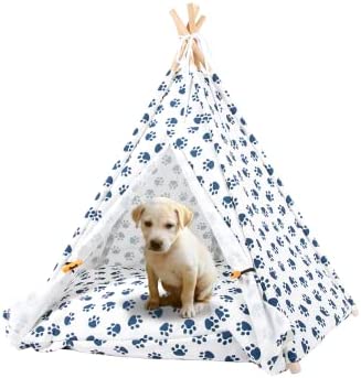 Furade Pet Teepee with Thick Cushion - 27" Tipi with Paw Pattern for Dogs and Cats, Machine Washable Pet Tent for Indoor and Outdoor Use