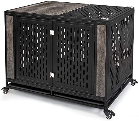 Heodmaem 42 Inch Heavy Duty Dog Crate Furniture, Dog Crates for Large Dogs with Lockable Wheels, Medium Dog Crate Indoor with Removable Tray, Metal Dog Kennel and Dog Cage