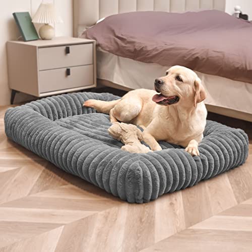 KMFYZYE Dog Beds for Large Dogs - Plush Washable Dog Bed, Dog Crate Bed, Chew Resistant Waterproof, High Rebound Sponge Durable Dog Bed, Grey