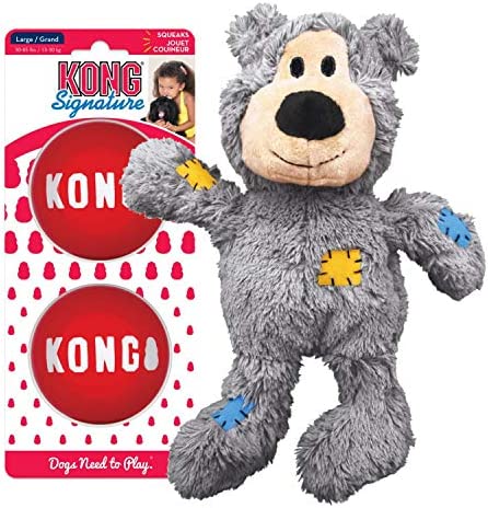 KONG - Wild Knots Bear and Signature Balls (2 Pack) - Rope Plush Toy and Squeak Balls - for Small Dogs