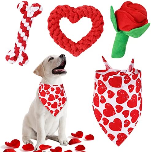 LEIFIDE Valentine's Day Dog Chew Toys Bandana Set 4 Pack Valentines Day Rose Dog Toy Squeaky Plush Toy Heart Shaped Dog Rope Toy Dog Cotton Pet Rope Toys for Small Medium Large Dogs Pet Supplies
