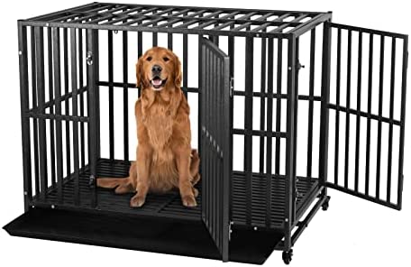 LUCKUP Heavy Duty Dog Crate-38 inch Large Metal Dog Cage with 2 Doors and 4 Wheels, Stackable Dog Kennel for Large & Medium Dogs, Removable Tray