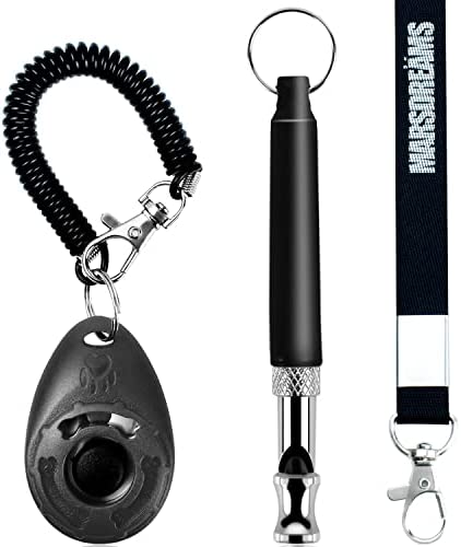 MARSDREAMS - Pet Training Clicker, Whistle -Training Behaviour Aids Accessories for Puppies with Lanyard - Barking Control Device - Long Range Adjustable Frequency - Pack of 3 - Black