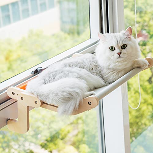 MEWOOFUN Cat Window Perch Lounge Mount Hammock Window Seat Bed Shelves for Indoor Cats No Drilling No Suction Cup (Orange/Grey)