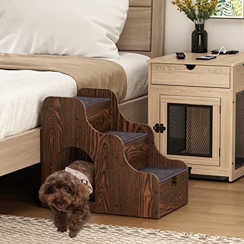 Megidok Wide Wooden Dog Stairs Steps with Storage Drawer&Pet House&Soft Cushion, 3 Level Non-Slip Pet Stairs Steps for Small Medium Dogs, Indoor Dog Stair for High Bed&Couch&Window Perch-Rustic Style