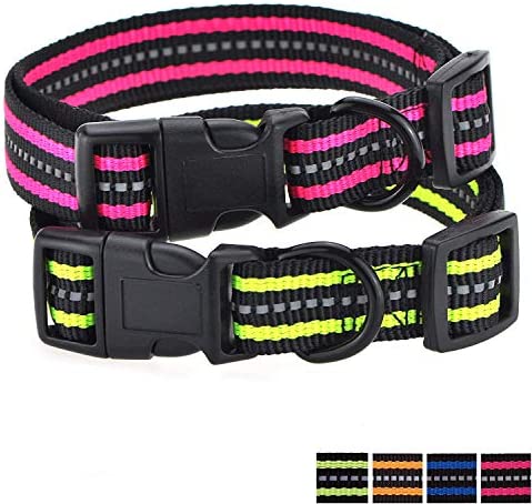 Mile High Life Night Reflective Double Bands Nylon Dog Collar (Lime Green/Hot Pink, Medium (Pack of 2))