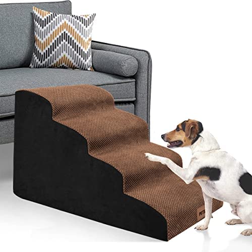 PETSTAY Dog Stairs Pet Steps 4 Tiers,High Density Foam Dog Ramps Soft Non-Slip Pet Steps,Older Dogs Cats Joint Pain Pets Stairs Ladder for Couch Sofa Bed,w/ Removable and Washable Cover (4Tier-Brown)