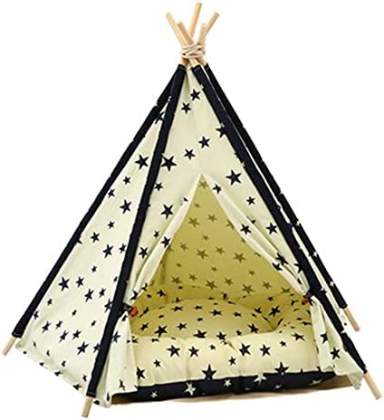 Pet Tent Folding Indoor Outdoor Portable Pet Teepee Dog & Cat Tents Small Dog & Cat Puppy House With Cushion Bed Easy to Assemble ( Color : Yellow , Size : 60x60x70cm )