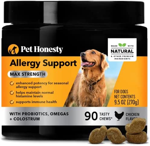 PetHonesty Dog Allergy Relief Chews Max Strength, Omega 3 Salmon Fish Oil Probiotic Supplement for Anti-Itch, Hot Spots, and Seasonal Allergies (Chicken)