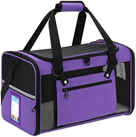 Pnimaund Pet Carrier Airline Approved, Small Dog Carrier with Upgrade Zippers and Reflective Strip, Pet Carrier for Cat, Soft Cat Carrier for Puppy Kitten 15 Lbs, Collapsible Cat Carrier Bag, Purple
