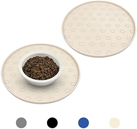 Ptlom Silicone Pet Placemat for Dogs and Cats, Waterproof Non-Slip Pet Feeding Bowl Mats for Food Water, Small Medium Tray High-Lips Edge Eating Mat Prevents Messes from Spilling to Floor, Beige, 2pcs