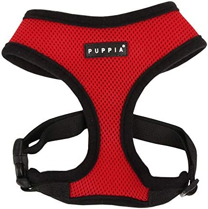 Puppia Soft Dog Harness No Choke Over-The-Head Triple Layered Breathable Mesh Adjustable Chest Belt and Quick-Release Buckle, Red, Small