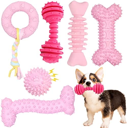 Puppy Toys, 6 Pack Dog Chew Toys for Puppy Teething Cute Pink Dog Toys Puppies Teething Toys for Cleaning Teeth Outdoor Interactive Pet Toys Set Soft Durable Puppy Chew Toys for Small and Medium Dogs