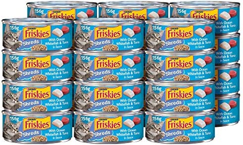 Purina Friskies Wet Cat Food, Shreds With Ocean Whitefish & Tuna in Sauce - 5.5 oz. Cans (Pack of 24)