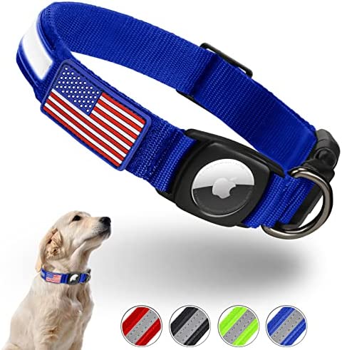 Reflective AirTag Dog Collar, FEEYAR Waterproof Air Tag Dog Collar [Blue], Integrated Apple AirTag Holder Dog Collars with Flag Patch, GPS Tracker Dog Collar for Small Medium Large Dogs [Size XL]