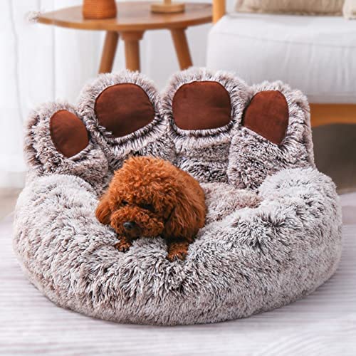 SEAHOME Dog Bed Cat Pet Sofa Cute Bear Paw Shape Comfortable Cozy Pet Sleeping Beds for Small, Medium, and Large Dogs and Cats, Soft Fluffy Faux Fur Cat Cushion Dog Bed (Small 22'' x 22'', Brown)