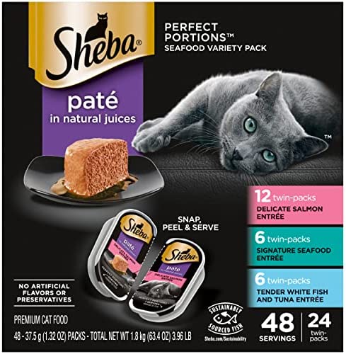 SHEBA Wet Cat Food Pate Variety Pack, Signature Seafood, Delicate Salmon and Tender Whitefish & Tuna Entrees,. PERFECT PORTIONS Twin-Pack Trays,48 serving, 2.6 Oz (Pack of 24)